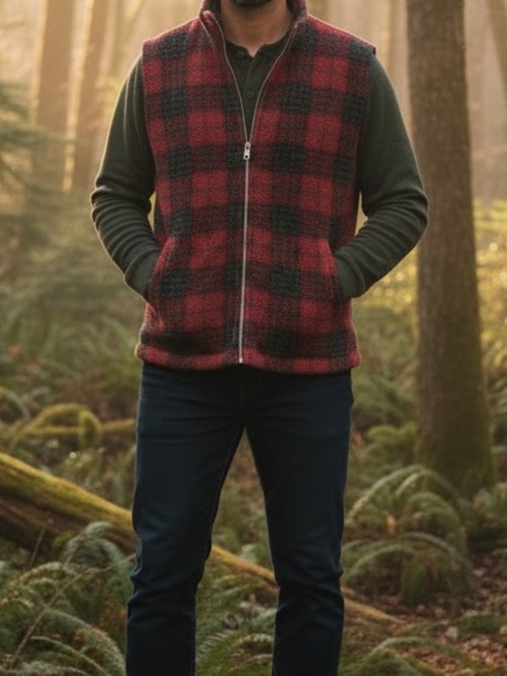 Vintage Cabin Fever Men's Red Plaid Zip-Front Fleece Vest